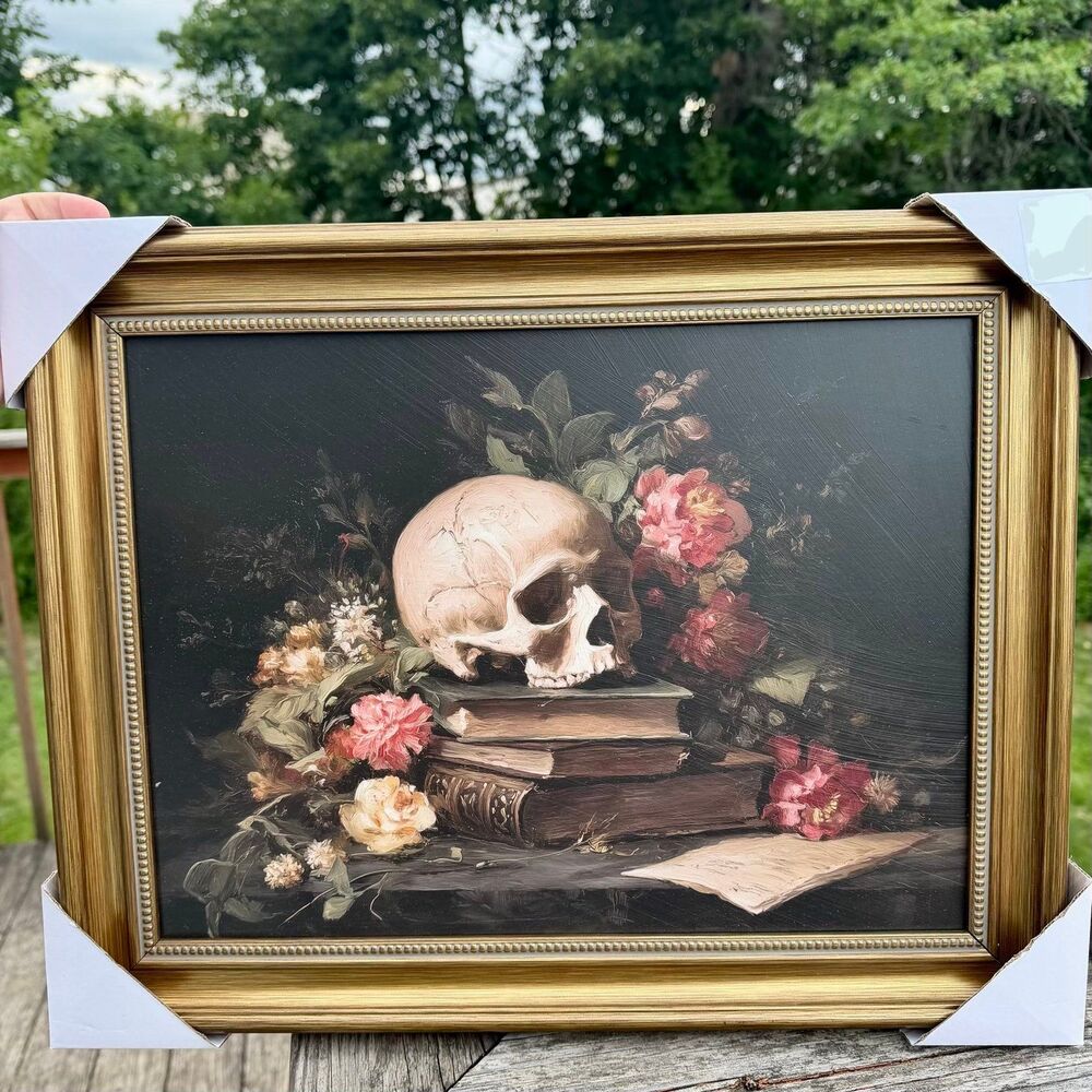 NEW Framed Halloween Gothic Floral Skull On Book Stack Wall Art 19x15”